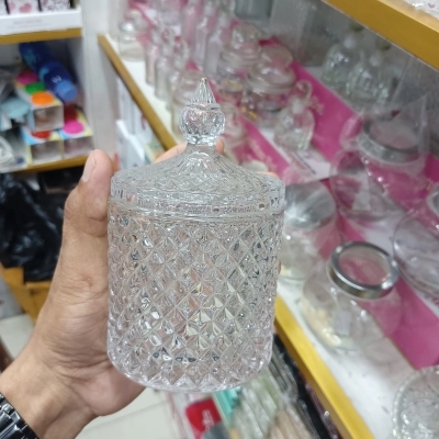 Picture of  Clear Crystal Candy Box with Lid, Small Size Soda Lime Glass for Candy, Spice, and Food Storage, Elegant Weave Design, Transparent for Easy Viewing, Includes Glass Lid, Perfect for Organizing Sweets, 1 Piece Midium size -Clear
