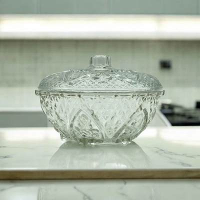 Picture of  Charming Pressed Glass Candy Dish with Lid, Featuring Hearts and Fleur de Lis Designs, Ideal for Candy Storage or Sugar Bowl, 1 Piece, Decorative and Functional for Any Kitchen or Dining Room -Clear
