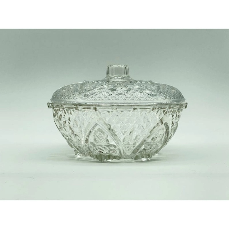 Picture of  Charming Pressed Glass Candy Dish with Lid, Featuring Hearts and Fleur de Lis Designs, Ideal for Candy Storage or Sugar Bowl, 1 Piece, Decorative and Functional for Any Kitchen or Dining Room -Clear