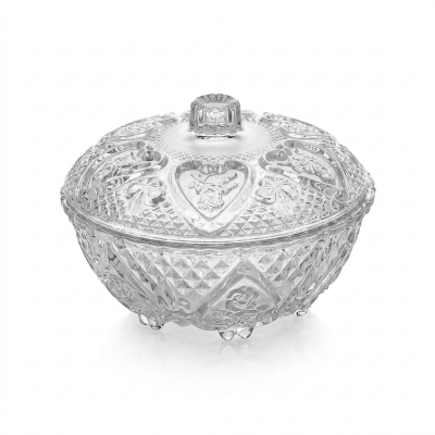 Picture of  Pressed Glass Candy Dish with Lid, Hearts and Fleur de Lis Patterns, Perfect for Candy Storage or Use as a Sugar Bowl, 1 Piece, Elegant and Functional Design for Any Kitchen or Dining Room -Clear