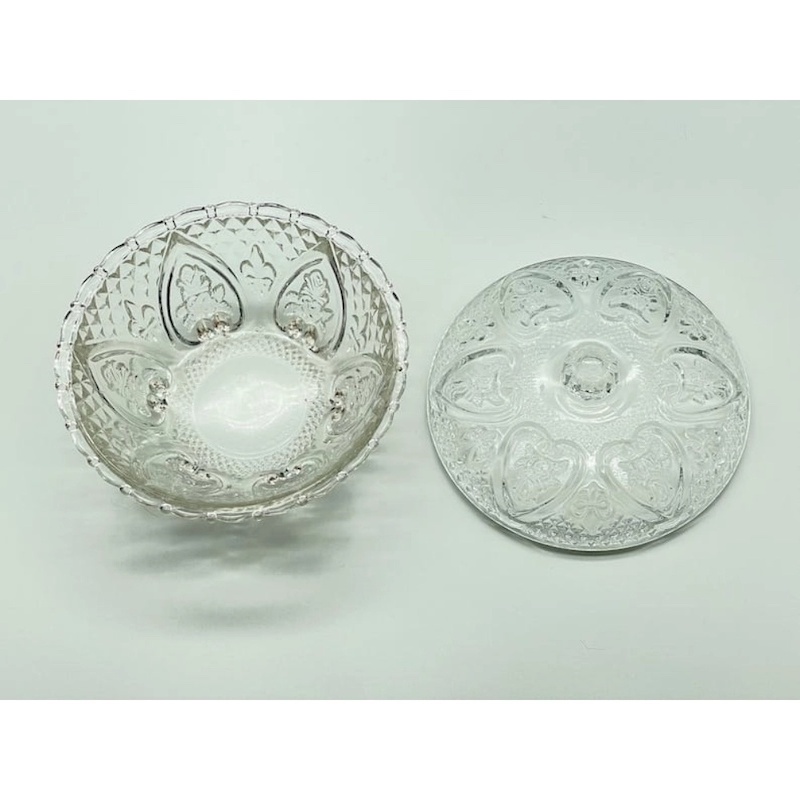 Picture of  Pressed Glass Candy Dish with Lid, Hearts and Fleur de Lis Patterns, Perfect for Candy Storage or Use as a Sugar Bowl, 1 Piece, Elegant and Functional Design for Any Kitchen or Dining Room -Clear