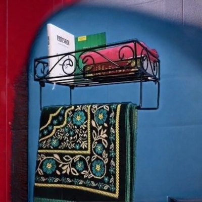 Picture of Black 12  Metal Wall Quran Stand – Comes with 2 Jaymamaz Hangers – Perfect for Quran Sharif Display and Jainamaj Hanging – Sturdy and Practical for Home or Mosque.