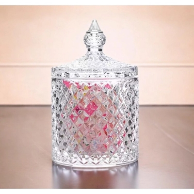 Picture of  Soda Lime Glass Crystal Candy Box with Lid, Small Clear Design for Candy, Spice, and Food Storage, Features Elegant Weave, Transparent for Easy Viewing, Includes Glass Lid, Perfect for Sweets Organization, 1 Piece Mini Size -Clear