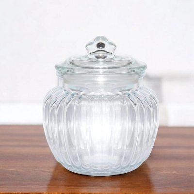 Picture of Crestal Clear Glass Candy Jar with Vertical Stripes - 1 Pc, with Lid, Elegant and Durable-Clear