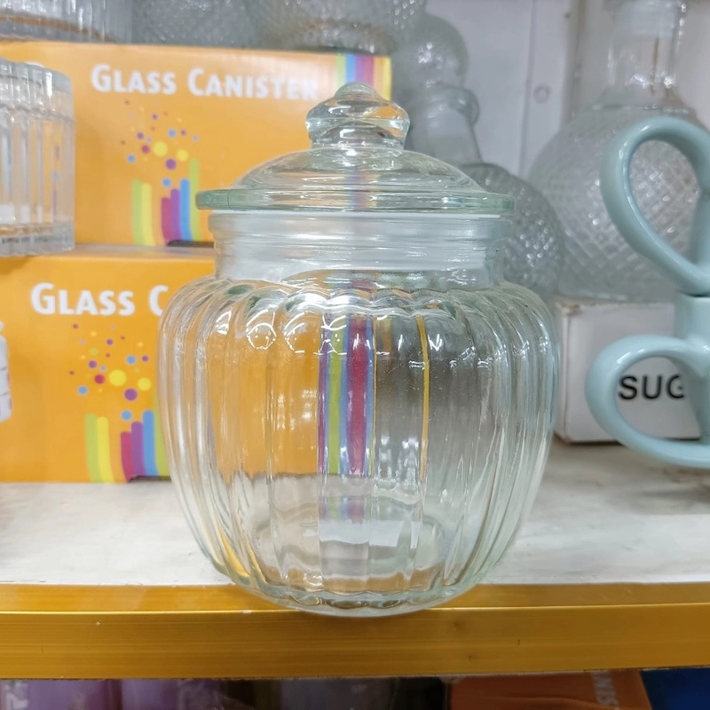 Picture of Crestal Clear Glass Candy Jar with Vertical Stripes - 1 Pc, with Lid, Elegant and Durable-Clear