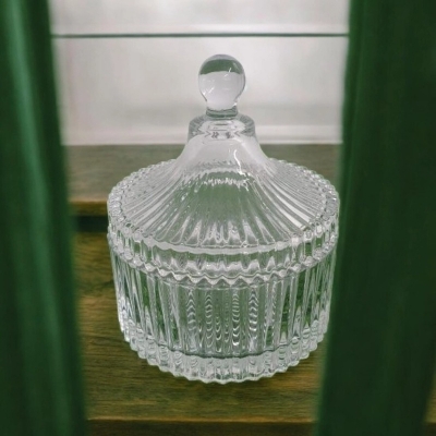 Picture of  1 Piece Vintage Clear Glass Candy Dish, 4  Diameter, Pleated/Ridged Design, Transparent with Interlocking Lid, Made from Soda Lime Glass, Perfect for Spices, Candy, and Embossing Food Storage -Clear