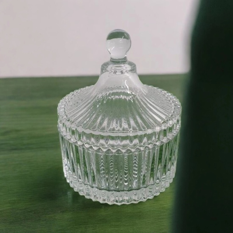 Picture of  1 Piece Vintage Clear Glass Candy Dish, 4  Diameter, Pleated/Ridged Design, Transparent with Interlocking Lid, Made from Soda Lime Glass, Perfect for Spices, Candy, and Embossing Food Storage -Clear