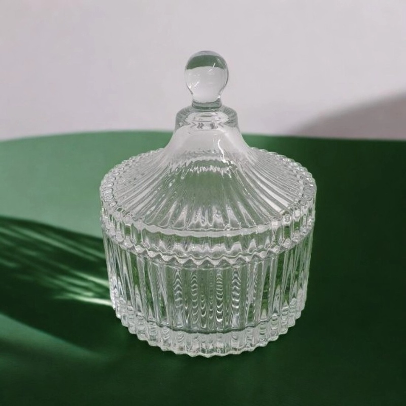Picture of  1 Piece Vintage Clear Glass Candy Dish, 4  Diameter, Pleated/Ridged Design, Transparent with Interlocking Lid, Made from Soda Lime Glass, Perfect for Spices, Candy, and Embossing Food Storage -Clear