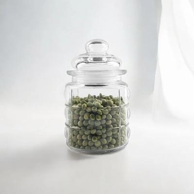 Picture of  300ml Embossing Food Storage Jar, Small Size for Dried Fruit and Nuts, Made of Soda Lime Glass, Airtight Glass Stopper, Transparent, Includes Glass Lid, Perfect for Sugar, Candy, and Spice Storage, 1 Piece, Same as Picture -Clear