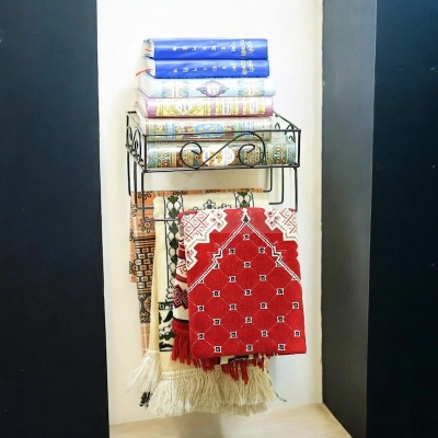 Picture of Elegant Black Metal Wall Mounted Quran Stand with Jaynamaz Shelf – Includes 3 Jaynamaz Hangers – Ideal for Quran Sharif Display and Prayer Needs – Sturdy and Practical Design for Home or Mosque – Quran Sharif Rack.