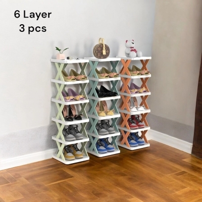 Picture of 3 pcs Space-Saving 6-Tier Shoe Tower  Narrow Corner Folding Rack, DIY Organizer for Small Entryways and Closets, Adjustable Design, Easy to Assemble, Quantity  3, Durable Plastic-Multicolor