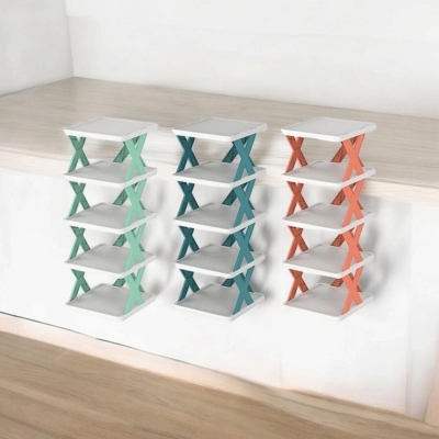 Picture of 1 pcs Multi-Color 5-Tier Folding Shoe Organizer  Adjustable Plastic Rack for Garages and Entryways-Multicolor