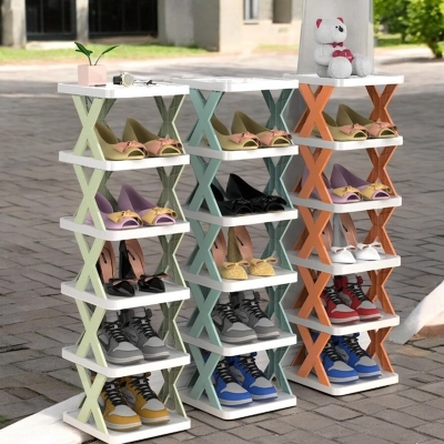 Picture of 1 pcs 6-Layer Folding Shoe Organizer  Adjustable Plastic Rack for Efficient Shoe Storage, Stackable Design-Multicolor