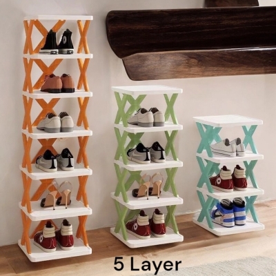 Picture of 1 pcs Space-Saving 5-Tier Shoe Organizer  Folding Adjustable Plastic Rack for Narrow Spaces and Entryways-Multicolor