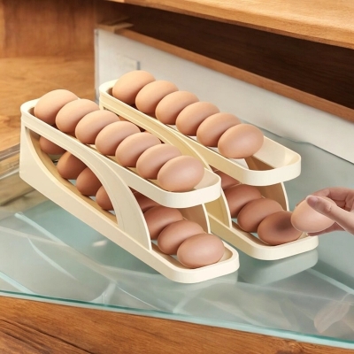 Picture of Food Grade Plastic Egg Dispenser - 2 pcs, Made in China, 14-15 Egg Capacity, Rolling and Automatic Sliding Spiral Holder, Keeps Eggs Organized and Accessible, Perfect for Refrigerator Storage-Multicolor