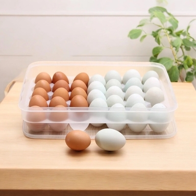 Picture of BPA-Free Egg Storage Box with 34 Grids, Made from Food-Grade Plastic. Includes Lid and Perfect Fit for Every Egg. Ideal for Refrigerator or Kitchen. Quantity  1 Pc.-White