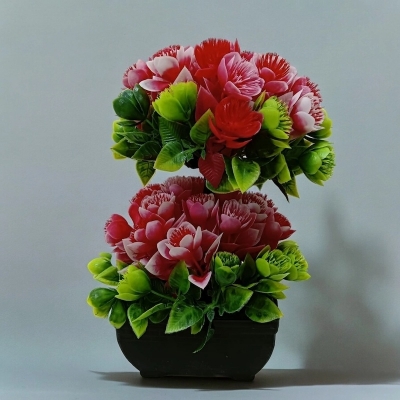 Picture of Office Table Décor  Multiple Color Flower Artificial Bonsai Tree with 2 Heads, Plastic Vases, Gram Beauty Flower-Multicolor