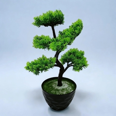 Picture of Green Artificial Bonsai Tree with Plastic Vases - 5 Heads, Gram Beauty Flower for Office Table Decoration-Multicolor