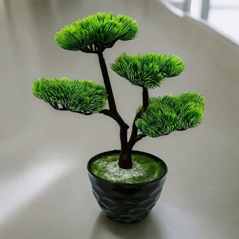 Picture of Office Decor  4 Heads Green Artificial Bonsai Tree with Plastic Vases, 15 Inch, Gram Beauty Flower for Decoration-Multicolor
