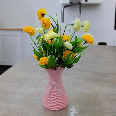 Picture of Home Decoration  1 pcs Artificial Marigold Flower in Plastic Pot with Multicolor Stick and Colorful Container-Multicolor