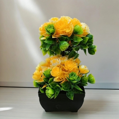 Picture of Office Table Décor  Multicolor Flower Artificial Bonsai Tree with 2 Heads, Plastic Vases, Gram Beauty Flower-Multicolor