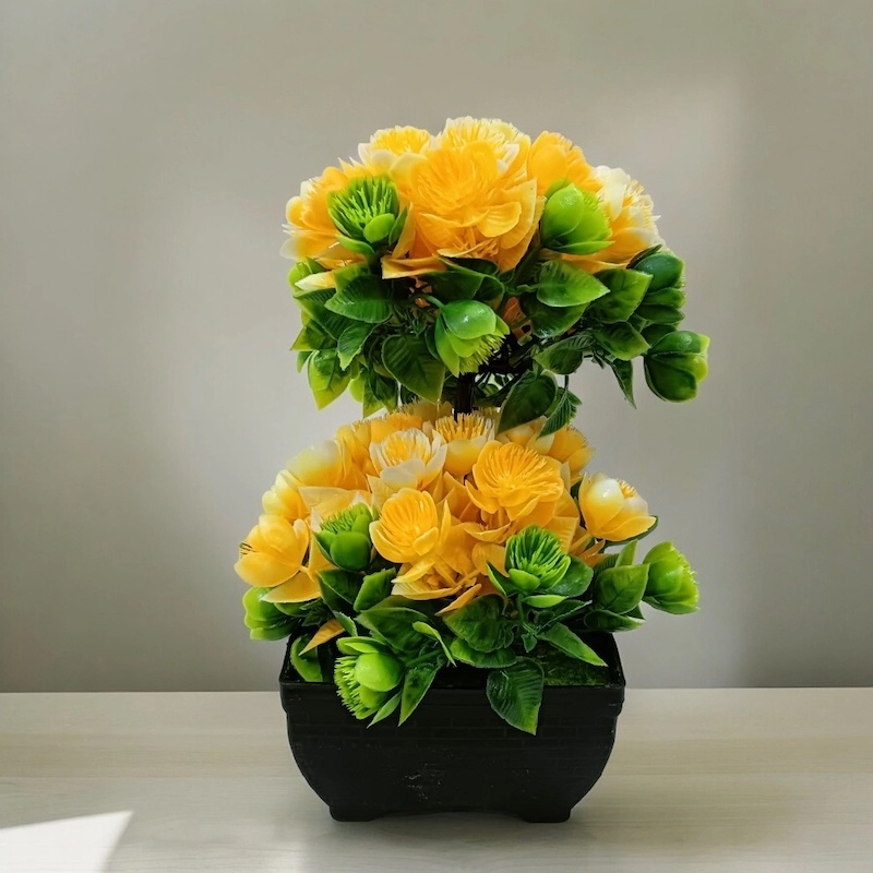 Picture of Office Table Décor  Multicolor Flower Artificial Bonsai Tree with 2 Heads, Plastic Vases, Gram Beauty Flower-Multicolor