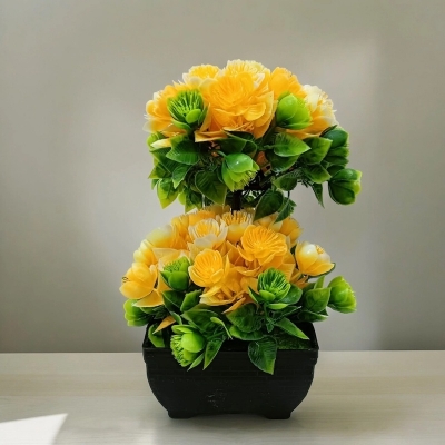 Picture of Office Table Décor  Multicolor Flower Artificial Bonsai Tree with 2 Heads, Plastic Vases, Gram Beauty Flower-Multicolor