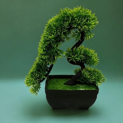 Picture of Office Decor  Elephant Trunk Design Green Artificial Bonsai Tree with Plastic Vases, 10 Inch, Gram Beauty Flower for Decoration-Multicolor