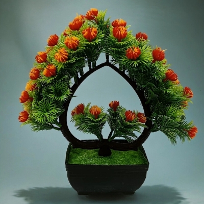 Picture of Green Artificial Bonsai Tree with Heart Shape Design, Mini Multi-Color Flowers, and Plastic Vases, 11 Inch Long, Perfect for Office Table Decoration, Gram Beauty Flower-Multicolor
