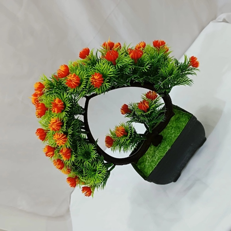Picture of Green Artificial Bonsai Tree with Heart Shape Design, Mini Multi-Color Flowers, and Plastic Vases, 11 Inch Long, Perfect for Office Table Decoration, Gram Beauty Flower-Multicolor