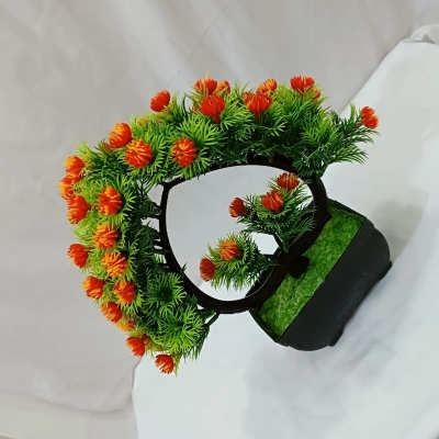 Picture of Green Artificial Bonsai Tree with Heart Shape Design, Mini Multi-Color Flowers, and Plastic Vases, 11 Inch Long, Perfect for Office Table Decoration, Gram Beauty Flower-Multicolor