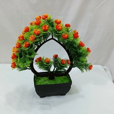 Picture of Green Artificial Bonsai Tree with Heart Shape Design, Mini Multi-Color Flowers, and Plastic Vases, 11 Inch Long, Perfect for Office Table Decoration, Gram Beauty Flower-Multicolor
