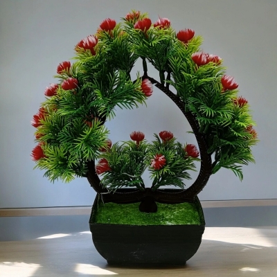 Picture of Office Decor  Heart Shape Design Green Artificial Bonsai Tree with Mini Multi-Color Flowers and Plastic Vases, 11 Inch, Gram Beauty Flower for Decoration-Multicolor