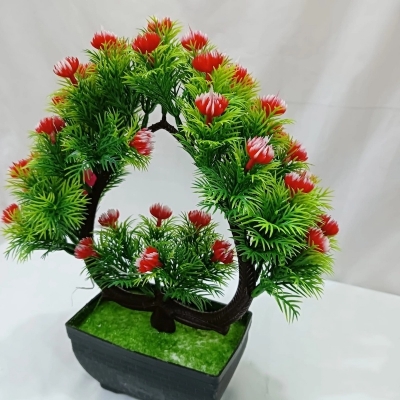 Picture of Office Decor  Heart Shape Design Green Artificial Bonsai Tree with Mini Multi-Color Flowers and Plastic Vases, 11 Inch, Gram Beauty Flower for Decoration-Multicolor