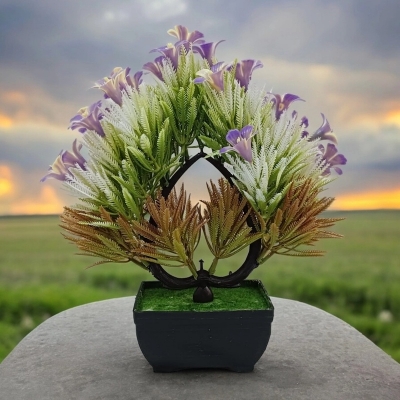 Picture of Purple Bonsai Heart-Shaped Artificial Flowers and Plants in Plastic Vases for Decoration-Purple