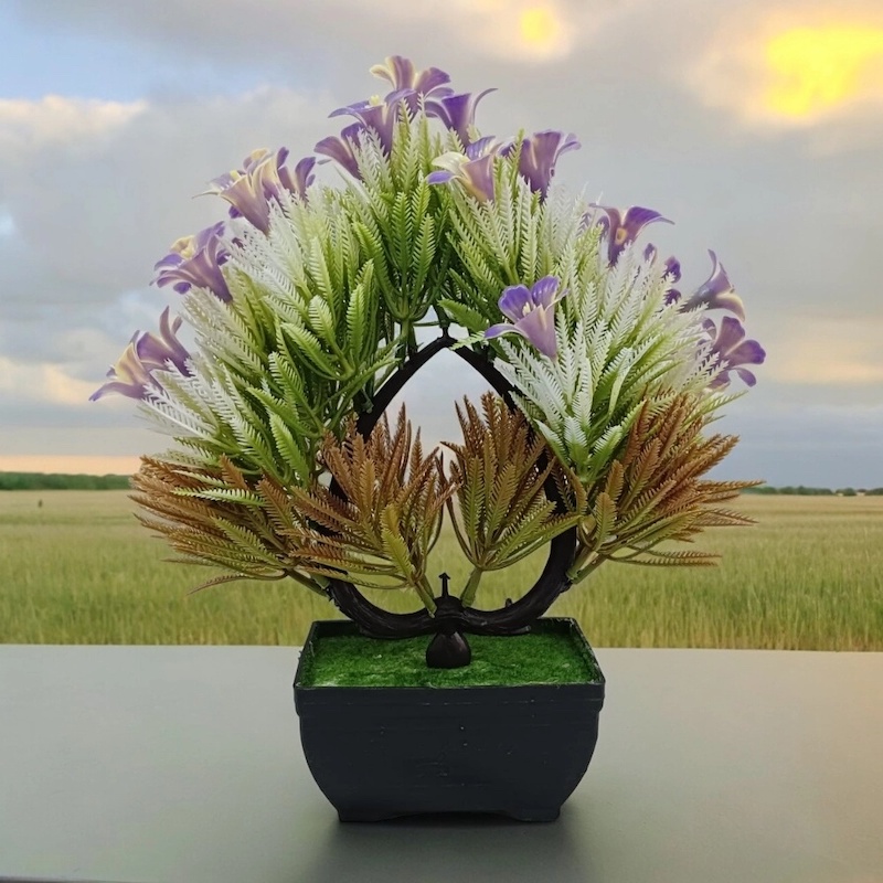 Picture of Purple Bonsai Heart-Shaped Artificial Flowers and Plants in Plastic Vases for Decoration-Purple