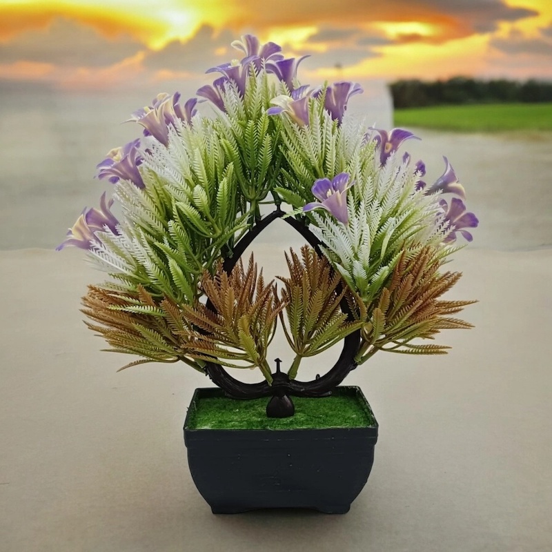 Picture of Purple Bonsai Heart-Shaped Artificial Flowers and Plants in Plastic Vases for Decoration-Purple