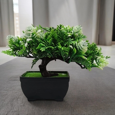 Picture of Artificial Plant with White Flower in Plastic Vase – Table & Office Decor-Multicolor