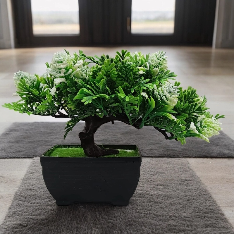 Picture of Artificial Plant with White Flower in Plastic Vase – Table & Office Decor-Multicolor