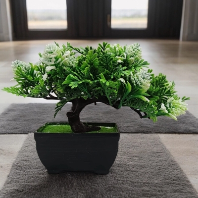 Picture of Artificial Plant with White Flower in Plastic Vase – Table & Office Decor-Multicolor