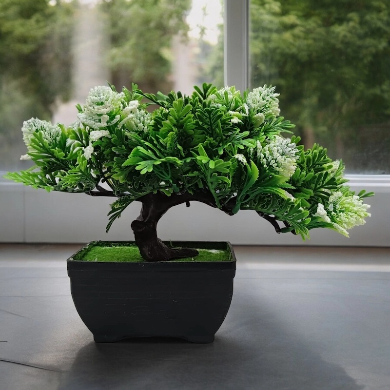 Picture of Artificial Plant with White Flower in Plastic Vase – Table & Office Decor-Multicolor