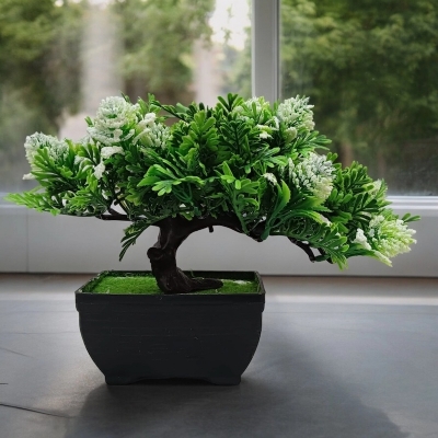 Picture of Artificial Plant with White Flower in Plastic Vase – Table & Office Decor-Multicolor