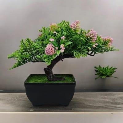 Picture of Artificial Pink Flower Bonsai Plant - Plastic Vase for Office and Home Decoration-Pink