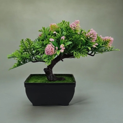 Picture of Artificial Pink Flower Bonsai Plant - Plastic Vase for Office and Home Decoration-Pink