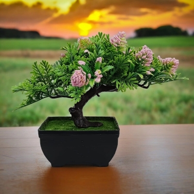 Picture of Artificial Pink Flower Bonsai Plant - Plastic Vase for Office and Home Decoration-Pink