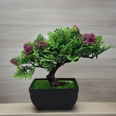 Picture of Artificial Purple Flower Bonsai Plant - Plastic Vase for Office and Home Decoration-Multicolor