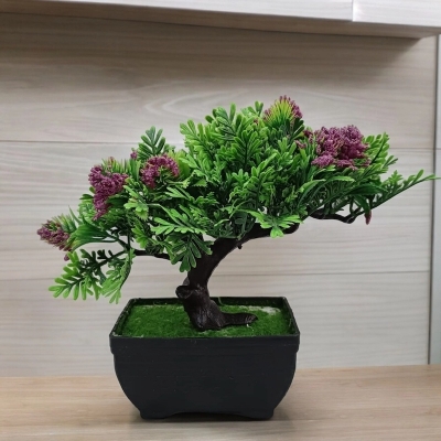Picture of Artificial Purple Flower Bonsai Plant - Plastic Vase for Office and Home Decoration-Multicolor