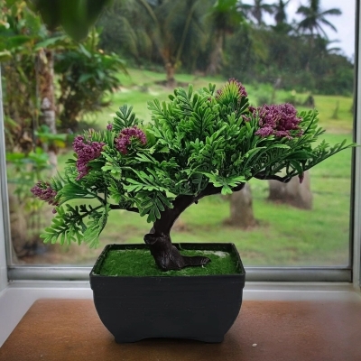 Picture of Artificial Purple Flower Bonsai Plant - Plastic Vase for Office and Home Decoration-Multicolor