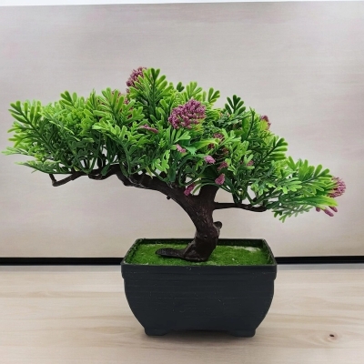 Picture of Artificial Purple Flower Bonsai Plant - Plastic Pot for Home and Office Decoration-Purple