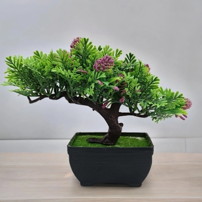 Picture of Artificial Purple Flower Bonsai Plant - Plastic Pot for Home and Office Decoration-Purple
